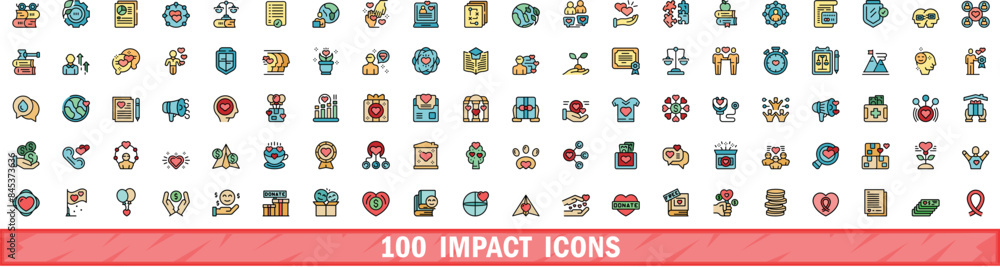 Obraz premium 100 impact icons set. Color line set of impact vector icons thin line color flat on white