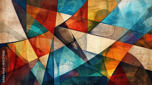  A vintage wallpaper of geometric abstract painting with triangles and squares in shades of blue, orange, red, yellow, brown, beige, and white. Generative AI