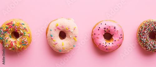 "Colorful sprinkled donuts on pink backdrop. Sweet treats perfect for indulgent cravings. Ample copy space."