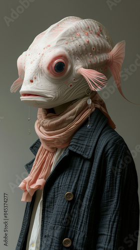 Pale blowfish human hybrid dressed in a casual attire, fish head on a human body, anthropomorphism concept