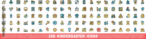 100 kindergarten icons set. Color line set of kindergarten vector icons thin line color flat on white