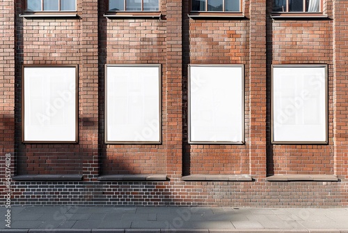 Four Blank White Posters on Brick Wall
