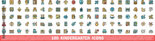 100 kindergarten icons set. Color line set of kindergarten vector icons thin line color flat on white