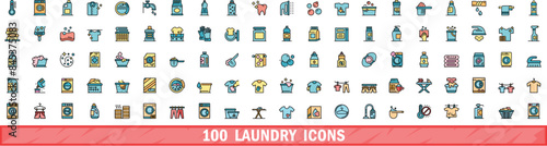 100 laundry icons set. Color line set of laundry vector icons thin line color flat on white