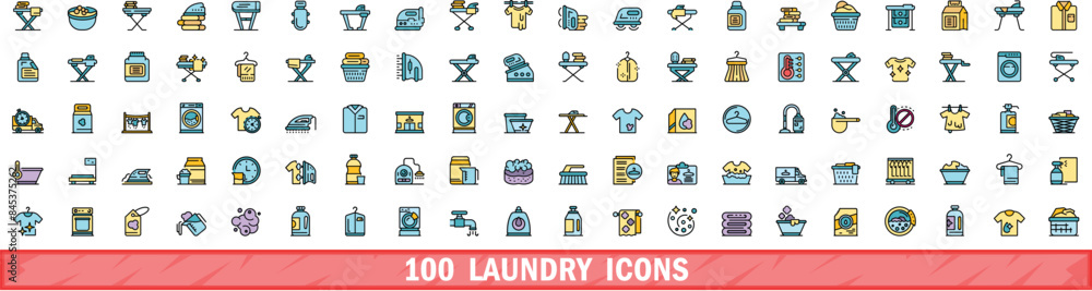 100 laundry icons set. Color line set of laundry vector icons thin line color flat on white 100 laundry icons set. Color line set of laundry vector icons thin line color flat on white