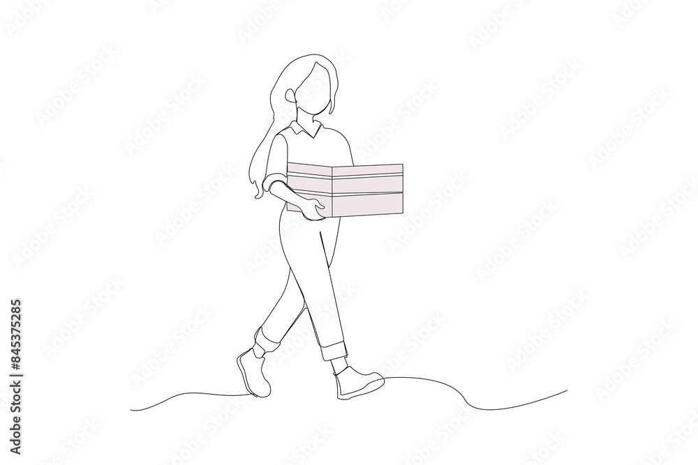 Young girl carrying a box continuous one-line drawing. Woman with box vector illustration. Young girl carrying a box continuous one-line drawing. Woman with box vector illustration.