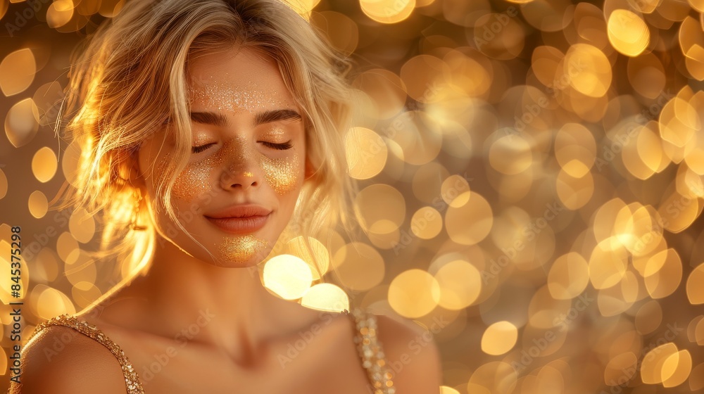 Portrait of a woman with golden sparkles on her face, exuding elegance against a bokeh background Portrait of a woman with golden sparkles on her face, exuding elegance against a bokeh background