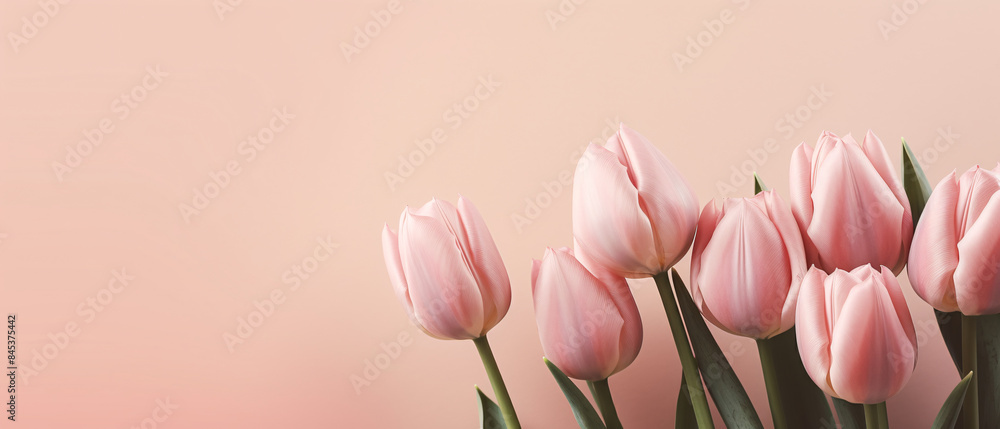 Naklejka premium Pink tulips close-up on beige background, providing ample space for text or customization.