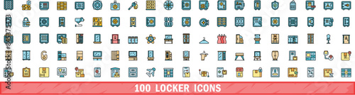 100 locker icons set. Color line set of locker vector icons thin line color flat on white