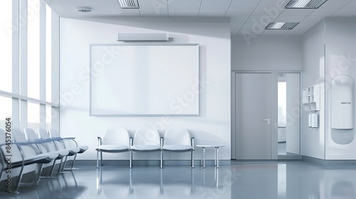 A hospital waiting room showcasing a blank white poster on the wall, modern chairs, and medical equipment around photo