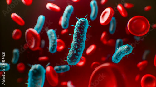 pathogenic bacteria within the bloodstream alongside red blood cells - septicemia or sepsis concept photo