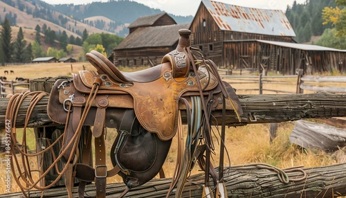 Leather saddle with reins hanging on a wooden fence in front of a rustic barn.