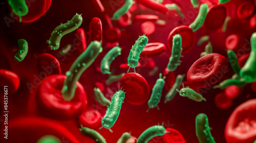 pathogenic bacteria within the bloodstream alongside red blood cells - septicemia or sepsis concept