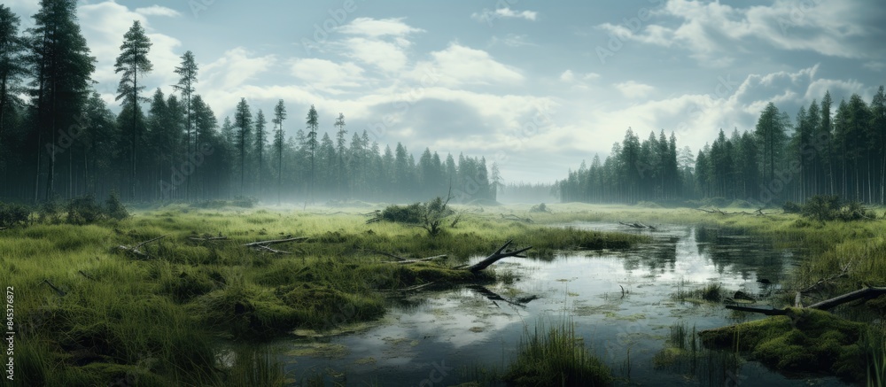 Fototapeta premium Swamp in field by the forest. Creative banner. Copyspace image