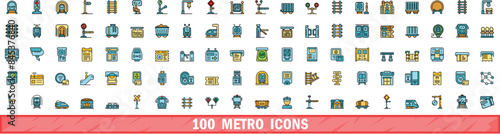 100 metro icons set. Color line set of metro vector icons thin line color flat on white