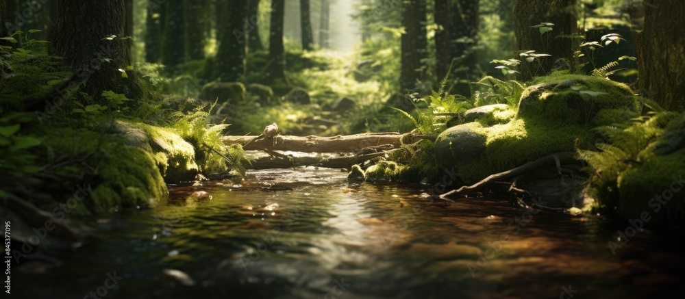 Fototapeta premium The water flows in small streams in the forest. Creative banner. Copyspace image