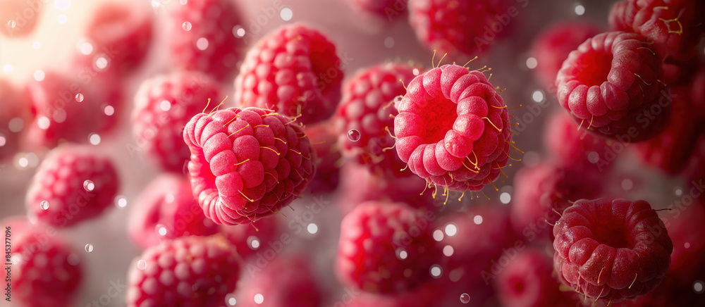 Raspberries are suspended in midair, forming a delightful scene Raspberries are suspended in midair, forming a delightful scene