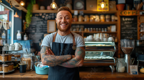 Smiling Barista in Coffee Shop with Modern Decor and Industrial Lighting.