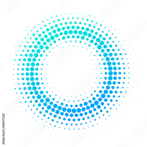 Halftone effect dotted blue gradient frame. Isolated vector dotted circle