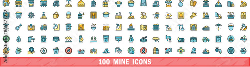 100 mine icons set. Color line set of mine vector icons thin line color flat on white