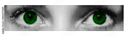 Halftone dotted cutout green eyes for trendy y2k retro collages. Vector textured female sight