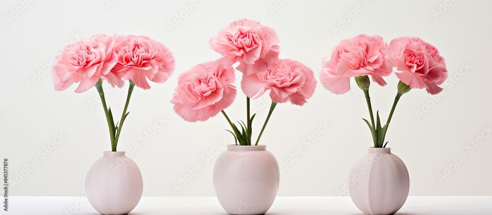 Obraz premium Three pink carnations in a small vase on a white background. Creative banner. Copyspace image