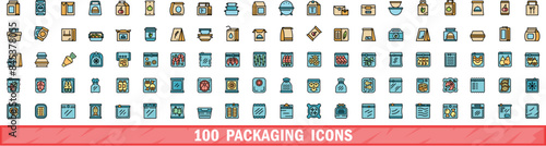 100 packaging icons set. Color line set of packaging vector icons thin line color flat on white