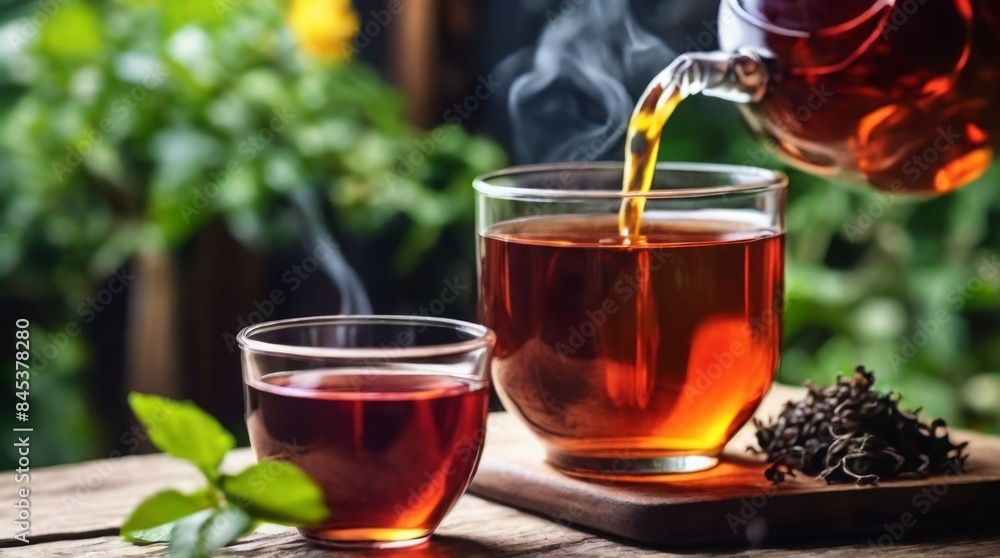 Herbal healing tea on the table overlooking the cottage house. Life in the country, an alternative to modern medicine.
