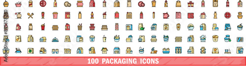 100 packaging icons set. Color line set of packaging vector icons thin line color flat on white