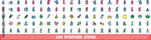 100 perfume icons set. Color line set of perfume vector icons thin line color flat on white