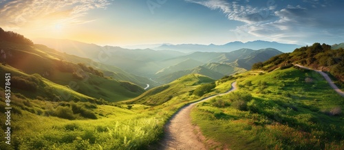 a path on the mountain with strong sun light. Creative banner. Copyspace image