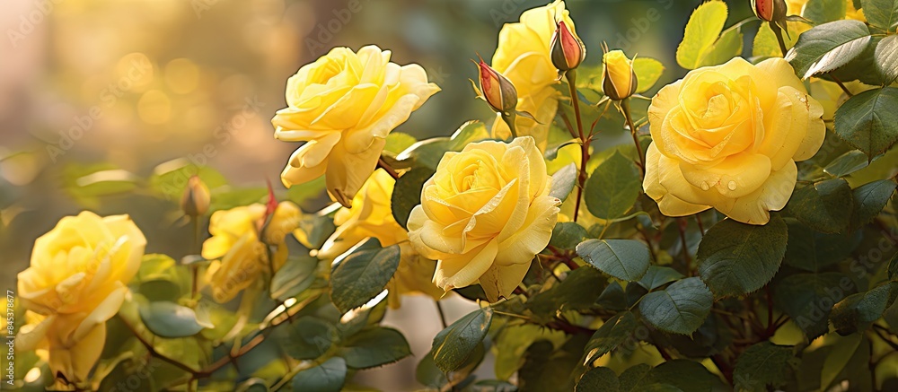 Obraz premium Yellow roses green leaves bloom in the garden light sunshine. Creative banner. Copyspace image