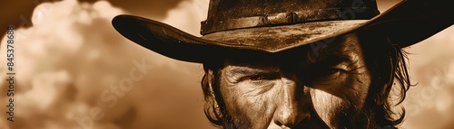 Close-up portrait of a weathered cowboy with a determined expression.