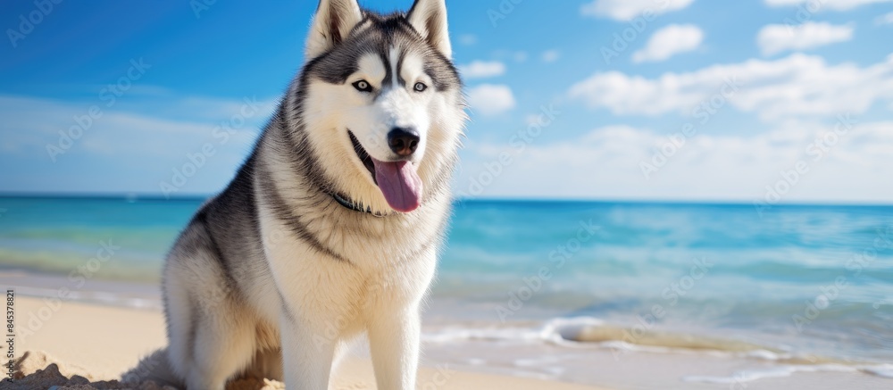 beautiful young dog Malamute breeds on the ocean beach. Creative banner. Copyspace image beautiful young dog Malamute breeds on the ocean beach. Creative banner. Copyspace image