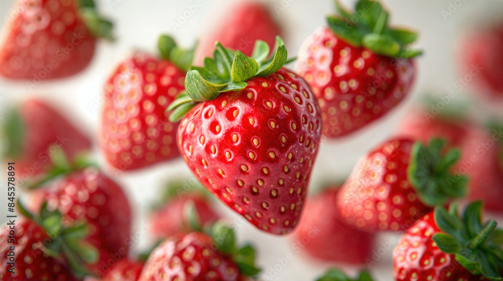 Strawberries are floating in the air above a white background Strawberries are floating in the air above a white background