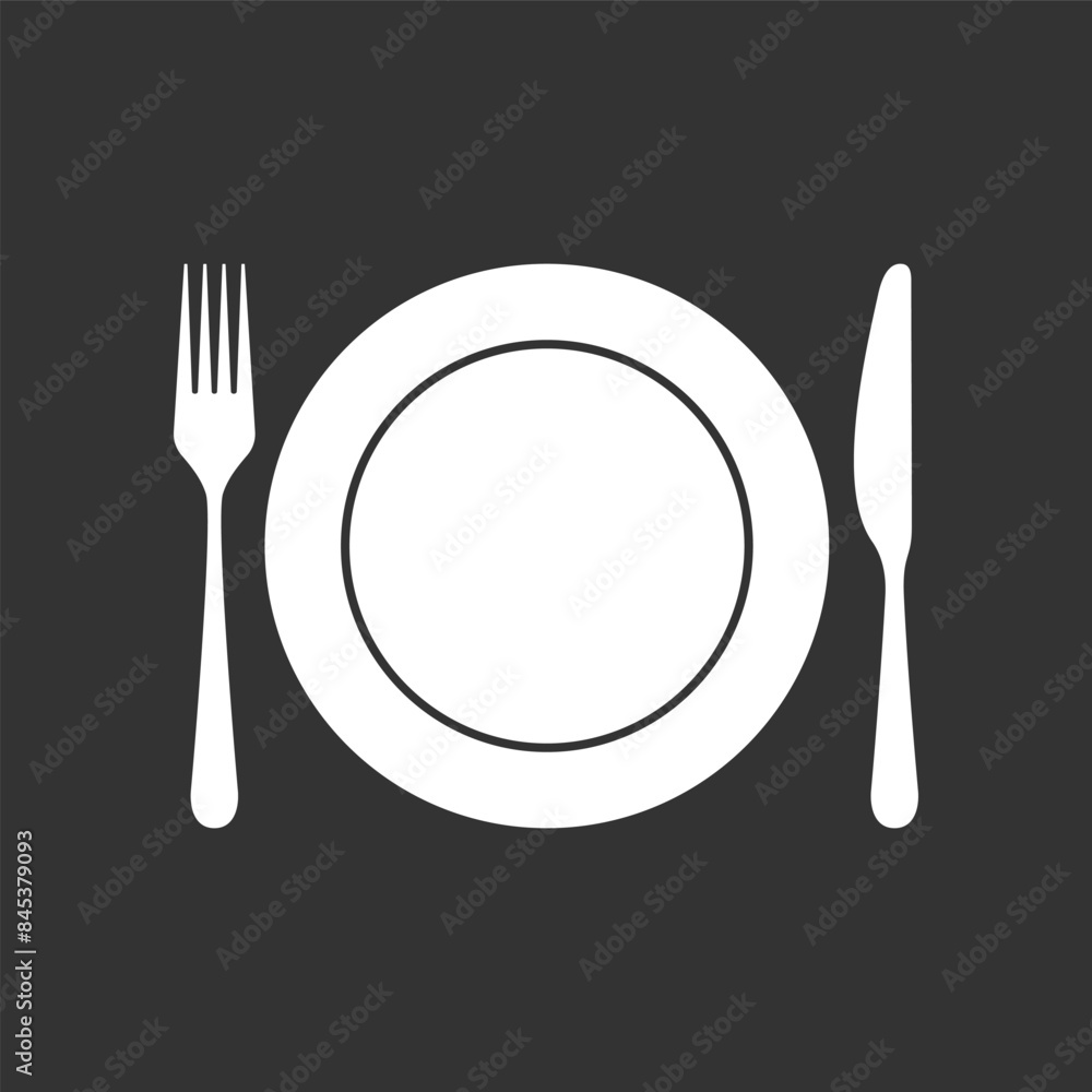 Plate with knife and fork. Serving sign isolated on white background. Restaurant menu symbol. Vector illustration Plate with knife and fork. Serving sign isolated on white background. Restaurant menu symbol. Vector illustration