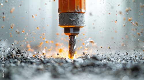 a drill making a hole with visible dust isolated