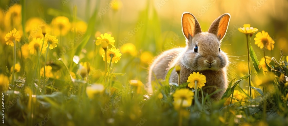 Fototapeta premium yang domestic rabbit in grass. Creative banner. Copyspace image