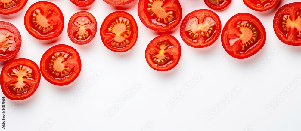 Fresh red tomato slices isolated on white background top view. Creative banner. Copyspace image Fresh red tomato slices isolated on white background top view. Creative banner. Copyspace image