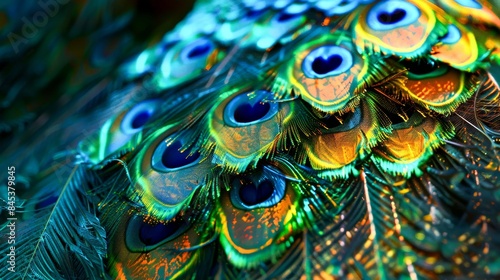 A close-up shot of a peacocks feathers, showcasing the vibrant colors of green, blue, and gold photo