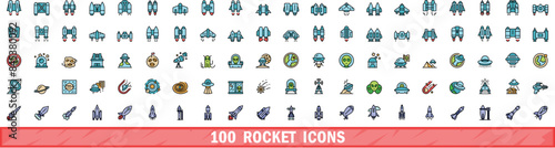 100 rocket icons set. Color line set of rocket vector icons thin line color flat on white