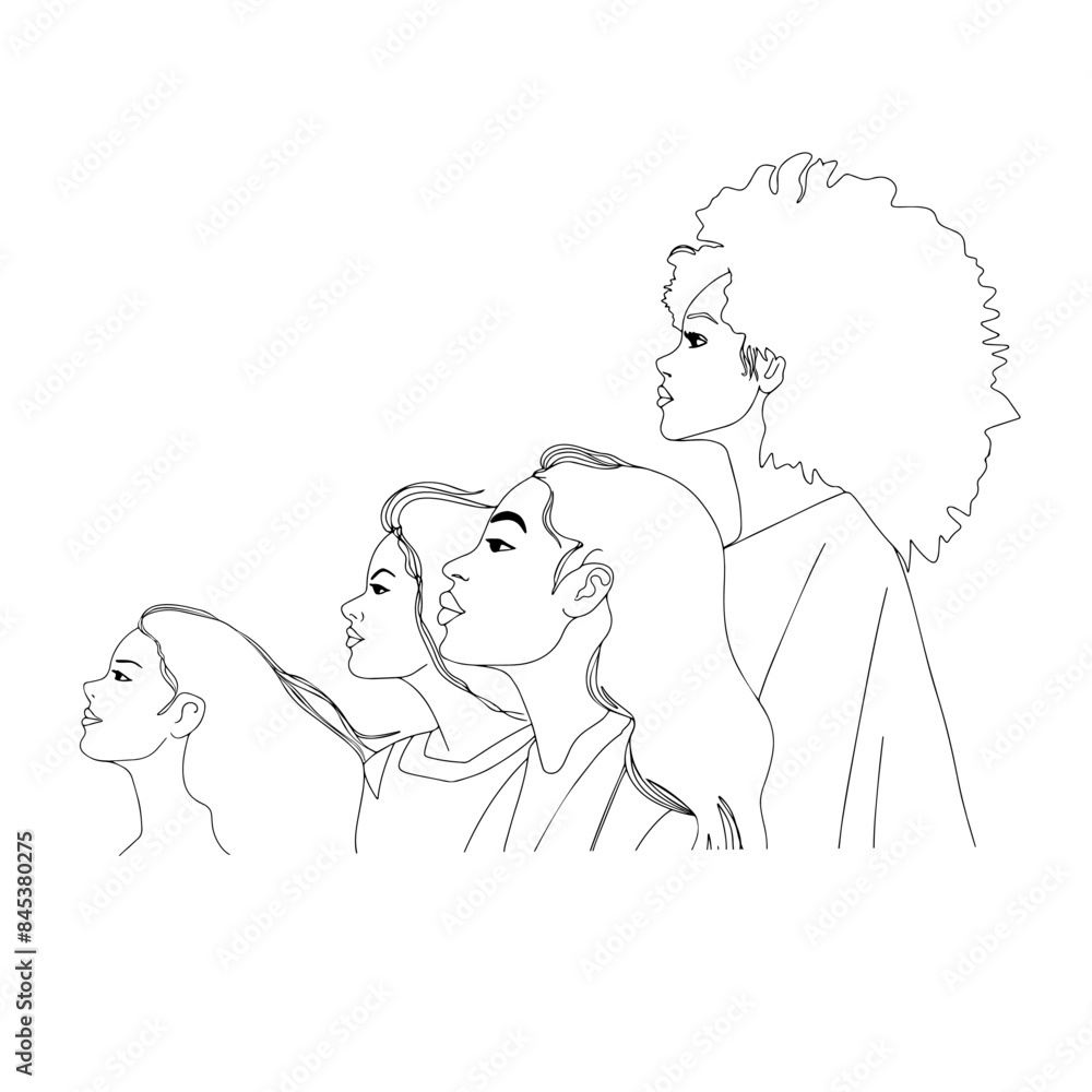 Vector illustration of different women with different nationalities. for women's rights, women's day. Isolated on a white background, color, line art Vector illustration of different women with different nationalities. for women's rights, women's day. Isolated on a white background, color, line art