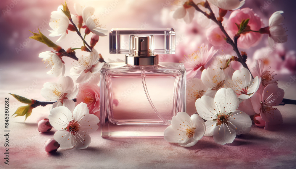 Elegant Perfume Bottle with Cherry Blossoms in Dreamy Setting Elegant Perfume Bottle with Cherry Blossoms in Dreamy Setting