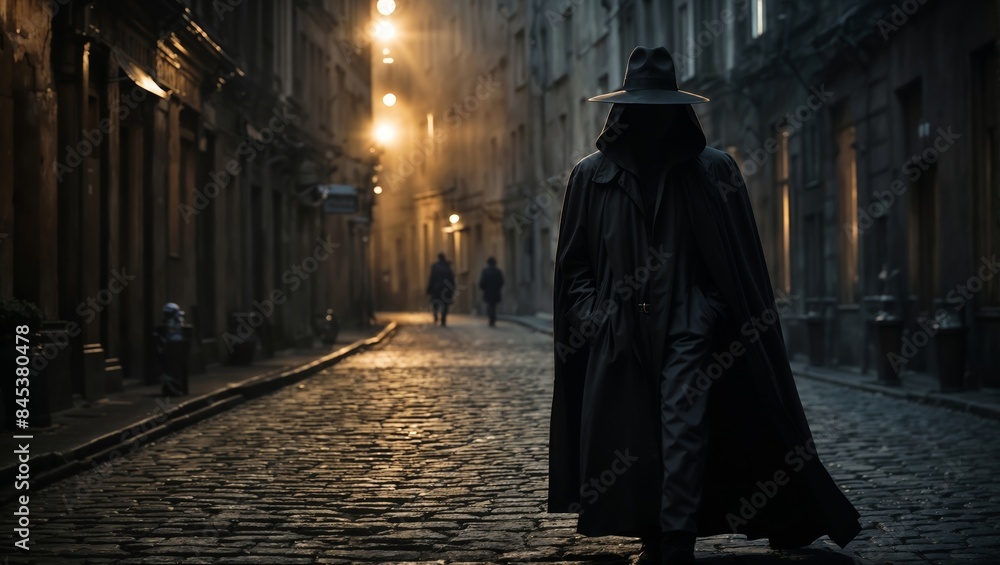 Mysterious Figure in Dark Coat and Hat Walking Along Dimly Lit Cobblestone Street at Night Mysterious Figure in Dark Coat and Hat Walking Along Dimly Lit Cobblestone Street at Night