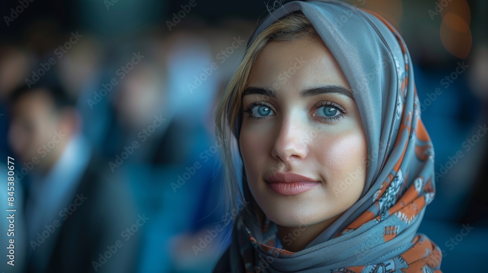 Striking blue-eyed woman in grey hijab with an intense gaze and a blurred background Striking blue-eyed woman in grey hijab with an intense gaze and a blurred background