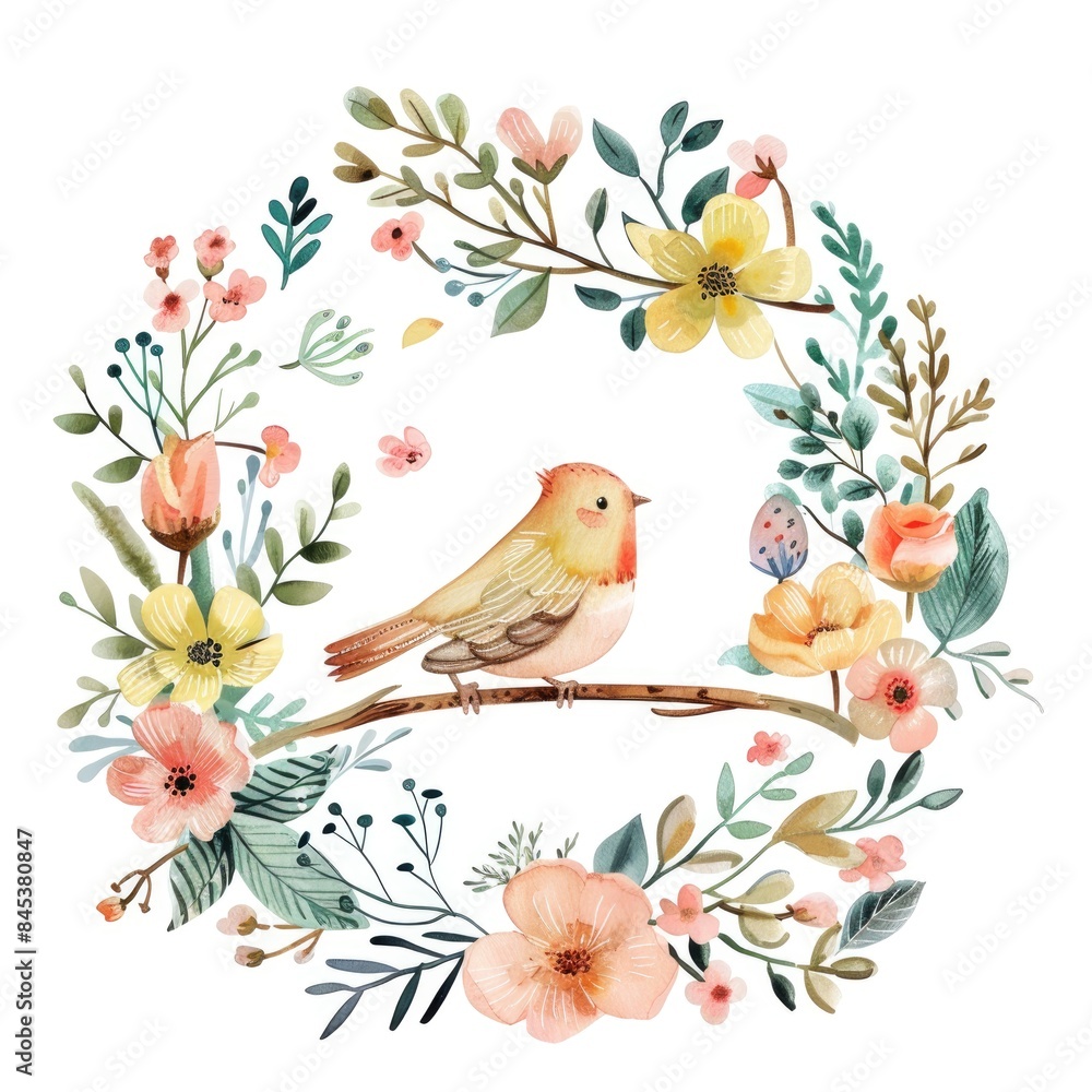 Watercolor Bird Wreath with Floral Accents for Nature-Inspired Designs