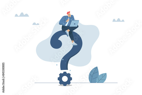 Many organizational questions, Learning to solve problematic questions in business work, Thinking process or analyzing business answers, Businessman with laptop sitting on big question mark.