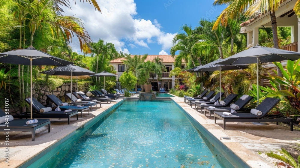 Fototapeta premium Hazy island hideaway Find solace in this idyllic holiday retreat surrounded by a defocused pool area adorned with sunbeds umbrellas and lush palm trees creating a peaceful atmosphere .