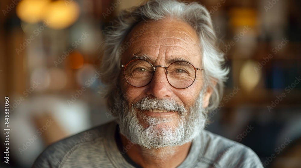 An elderly man with a gray beard and a lively expression in a comfortable setting An elderly man with a gray beard and a lively expression in a comfortable setting