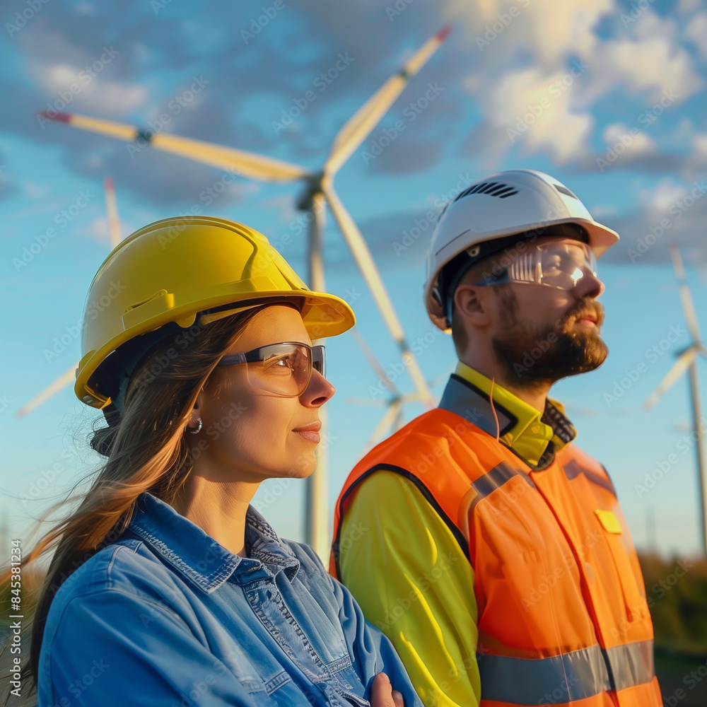 construction workers in front of a wind turbine construction workers in front of a wind turbine